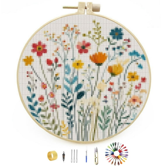 DIY Stamped Cross Stitch Kits Many Colorful Wild Flowers Easy for Beginners with Hoop 11CT Counted Embroidery Needlepoint Crafts Arts for Handmade Enthusiasts and Home Decor 30x30cm(1)