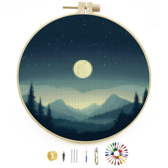 DIY Stamped Cross Stitch Kits Night Moon Easy for Beginners with Hoop 11CT Counted Embroidery Needlepoint Crafts Arts for Handmade Enthusiasts and Home Decor 30x30cm(1)