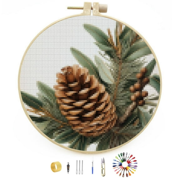 DIY Stamped Cross Stitch Kits Pine Cone and Leaves Easy for Beginners with Hoop 11CT Counted Embroidery Needlepoint Crafts Arts for Handmade Enthusiasts and Home Decor 30x30cm(3)