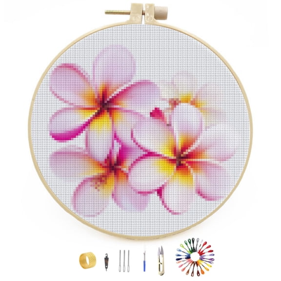 DIY Stamped Cross Stitch Kits Plumeria Flowers Easy for Beginners with Hoop 11CT Counted Embroidery Needlepoint Crafts Arts for Handmade Enthusiasts and Home Decor 30x30cm(4)