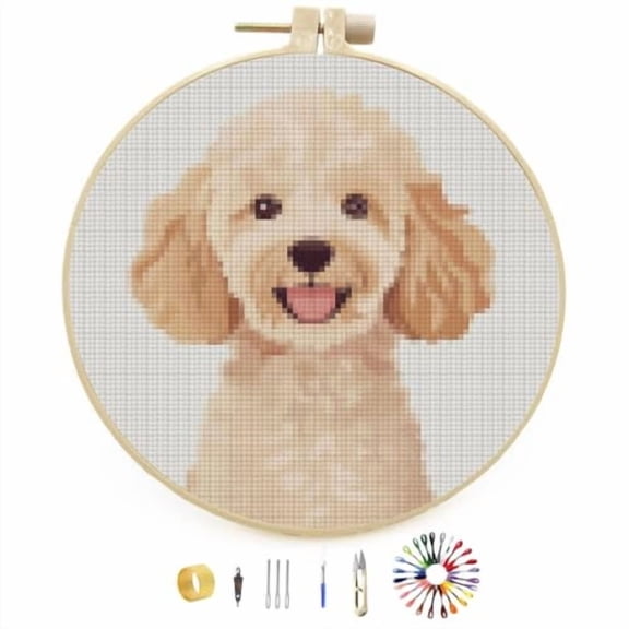 DIY Stamped Cross Stitch Kits Poodle Dog Easy for Beginners with Hoop 11CT Counted Embroidery Needlepoint Crafts Arts for Handmade Enthusiasts and Home Decor 26x26cm(2)