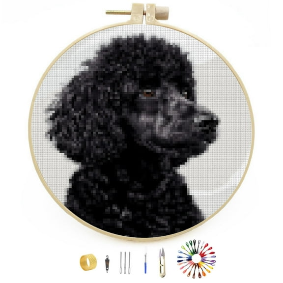 DIY Stamped Cross Stitch Kits Poodle Dog Easy for Beginners with Hoop 11CT Counted Embroidery Needlepoint Crafts Arts for Handmade Enthusiasts and Home Decor 30x30cm(3)