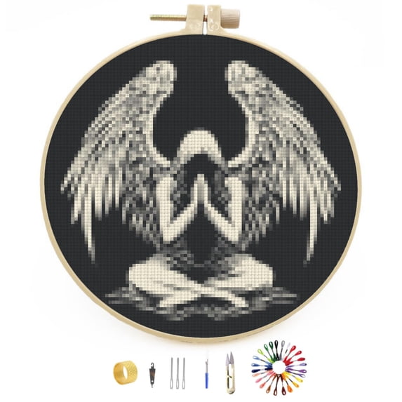DIY Stamped Cross Stitch Kits Praying Angel with Wing Easy for Beginners with Hoop 11CT Counted Embroidery Needlepoint Crafts Arts for Handmade Enthusiasts and Home Decor 30x30cm(1)