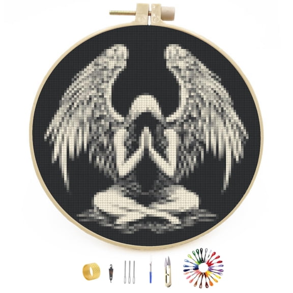 DIY Stamped Cross Stitch Kits Praying Angel with Wing Easy for Beginners with Hoop 11CT Counted Embroidery Needlepoint Crafts Arts for Handmade Enthusiasts and Home Decor 30x30cm(1)