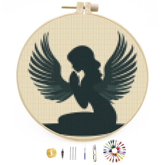 DIY Stamped Cross Stitch Kits Praying Angel with Wing Easy for Beginners with Hoop 11CT Counted Embroidery Needlepoint Crafts Arts for Handmade Enthusiasts and Home Decor 30x30cm(2)