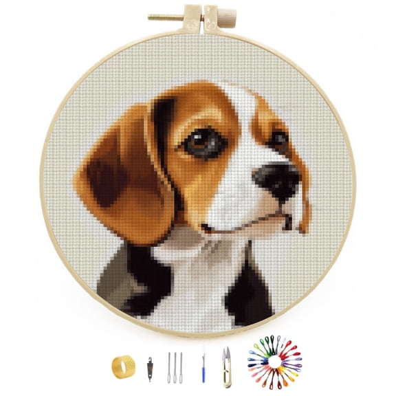 DIY Stamped Cross Stitch Kits Puppy Beagle Dog Easy for Beginners with Hoop 11CT Counted Embroidery Needlepoint Crafts Arts for Handmade Enthusiasts and Home Decor 30x30cm(1)