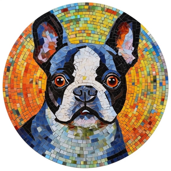 DIY Stamped Cross Stitch Kits Stained Glass Boston Terrier Circle Shape Beginners Easy 11CT Needlepoint Embroidery Counted Cross Stitch Kits Art Craft Wall Decor 35x35cm(6)