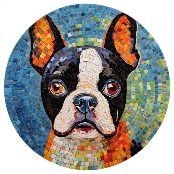DIY Stamped Cross Stitch Kits Stained Glass Boston Terrier Circle Shape Beginners Easy 11CT Needlepoint Embroidery Counted Cross Stitch Kits Art Craft Wall Decor 35x35cm(1)