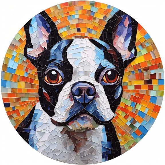 DIY Stamped Cross Stitch Kits Stained Glass Boston Terrier Circle Shape Beginners Easy 11CT Needlepoint Embroidery Counted Cross Stitch Kits Art Craft Wall Decor 40x40cm(9)