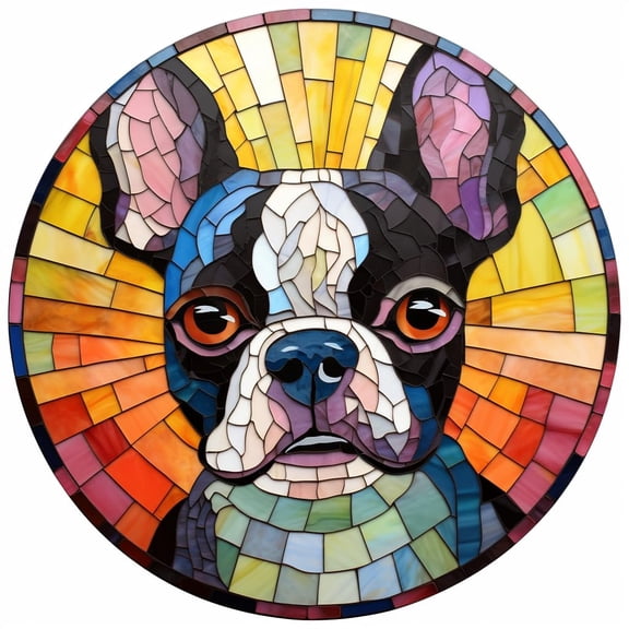 DIY Stamped Cross Stitch Kits Stained Glass Boston Terrier Circle Shape Beginners Easy 11CT Needlepoint Embroidery Counted Cross Stitch Kits Art Craft Wall Decor 40x40cm(8)