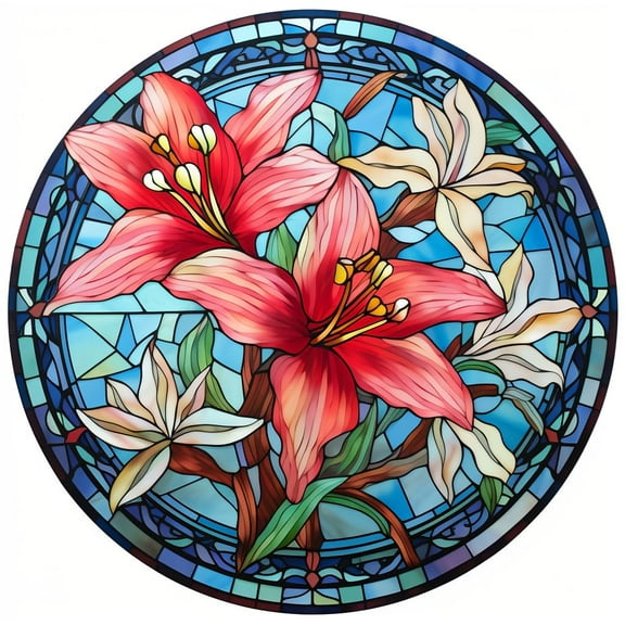 DIY Stamped Cross Stitch Kits Stained Glass Circle Shape Lily Flowers 11CT Needlepoint Embroidery Counted Cross Stitch Kits Art Craft Wall Decor 35x35cm(1)