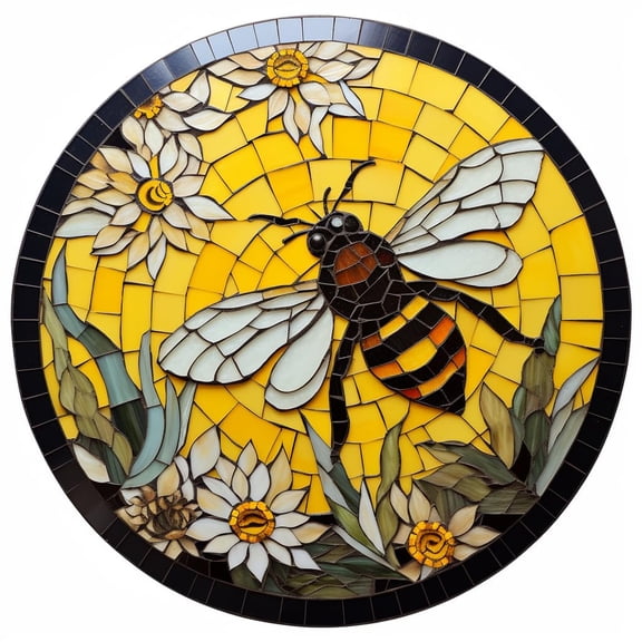 DIY Stamped Cross Stitch Kits Stained Glass Circle Shape Yellow Honey Bee and Flowers 11CT Needlepoint Embroidery Counted Cross Stitch Kits Art Craft Wall Decor 35x35cm(5)