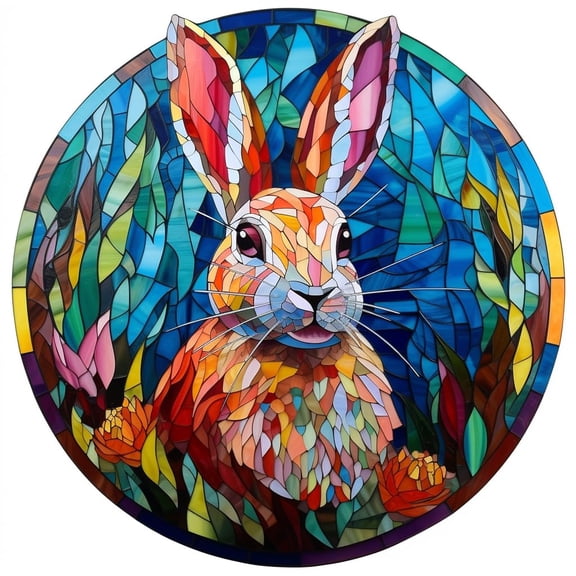 DIY Stamped Cross Stitch Kits Stained Glass Easter Festival Rabbit Circle Shape Beginners Easy 11CT Needlepoint Embroidery Counted Cross Stitch Kits Art Craft Wall Decor 35x35cm(1)