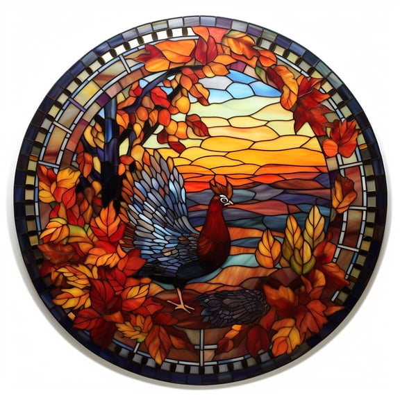 DIY Stamped Cross Stitch Kits Stained Glass Thanksgiving Day Turkey Pumpkin Circle Shape Beginners Easy 11CT Needlepoint Embroidery Counted Cross Stitch Kits Art Craft Wall Decor 35x35cm(7)