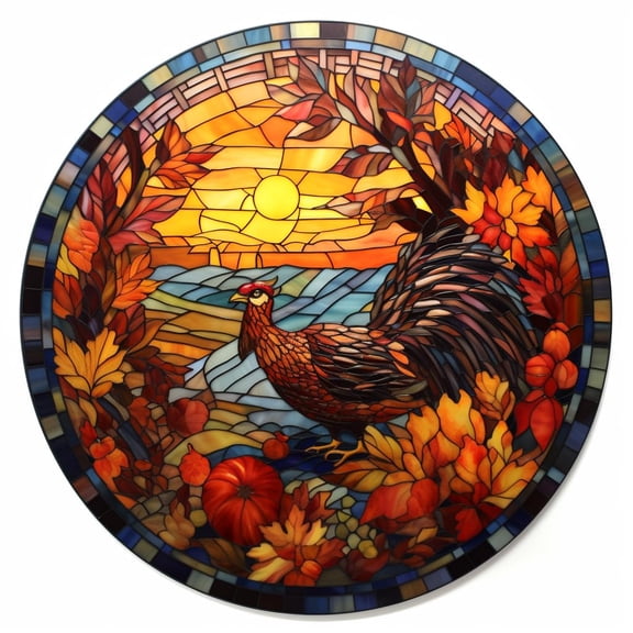 DIY Stamped Cross Stitch Kits Stained Glass Thanksgiving Day Turkey Pumpkin Circle Shape Beginners Easy 11CT Needlepoint Embroidery Counted Cross Stitch Kits Art Craft Wall Decor 35x35cm(8)