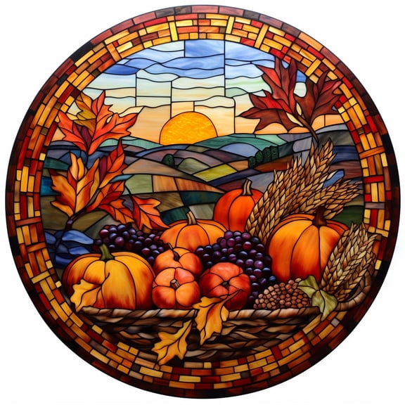 DIY Stamped Cross Stitch Kits Stained Glass Thanksgiving Day Turkey Pumpkin Circle Shape Beginners Easy 11CT Needlepoint Embroidery Counted Cross Stitch Kits Art Craft Wall Decor 35x35cm(4)