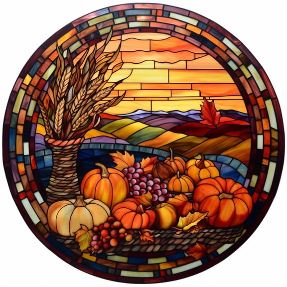 DIY Stamped Cross Stitch Kits Stained Glass Thanksgiving Day Turkey Pumpkin Circle Shape Beginners Easy 11CT Needlepoint Embroidery Counted Cross Stitch Kits Art Craft Wall Decor 35x35cm(6)
