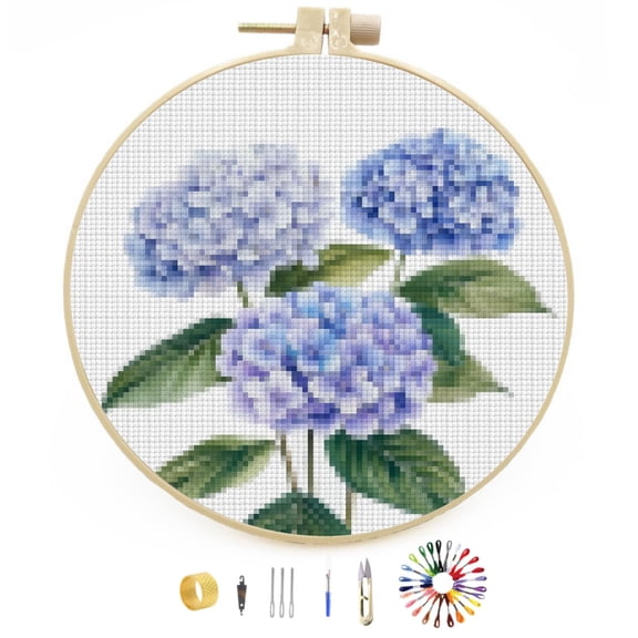 DIY Stamped Cross Stitch Kits Watercolor of Hydrangea Flower Easy for Beginners with Hoop 11CT Counted Embroidery Needlepoint Crafts Arts for Handmade Enthusiasts and Home Decor 30x30cm(1)