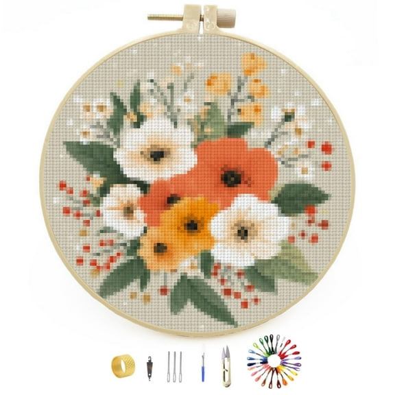 DIY Stamped Cross Stitch Kits Wedding Flowers Easy for Beginners with Hoop 11CT Counted Embroidery Needlepoint Crafts Arts for Handmade Enthusiasts and Home Decor 30x30cm(2)