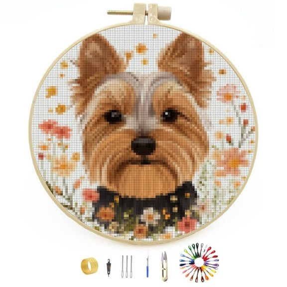 DIY Stamped Cross Stitch Kits Yorkshire Terrier Dog and Flowers Easy for Beginners with Hoop 11CT Counted Embroidery Needlepoint Crafts Arts for Handmade Enthusiasts and Home Decor 30x30cm(1)