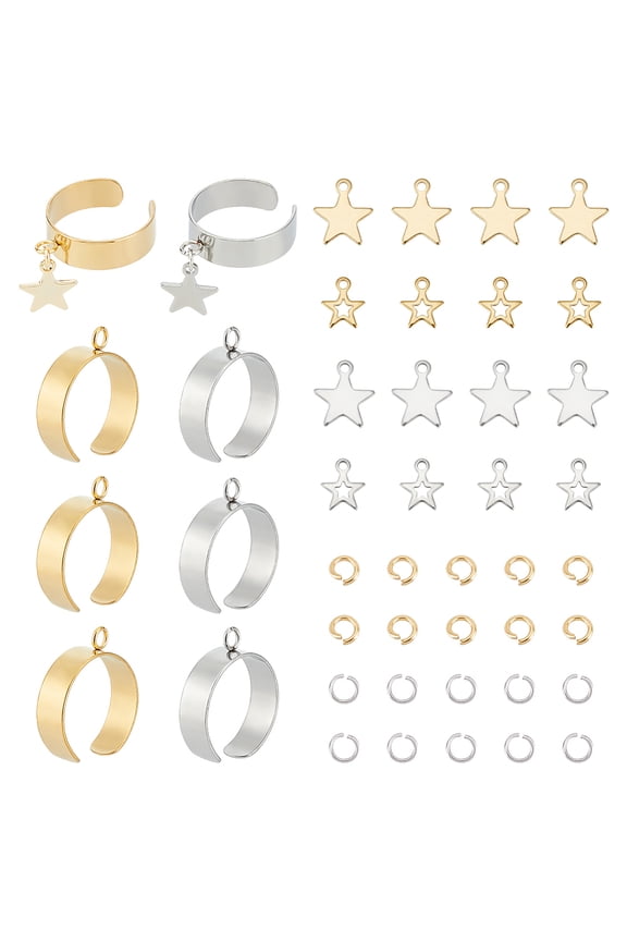 DIY Star Charm Cuff Ring Making Kit Including 304 Stainless Steel Loop Ring Base & Charms & Jump Rings Golden & Stainless Steel Color