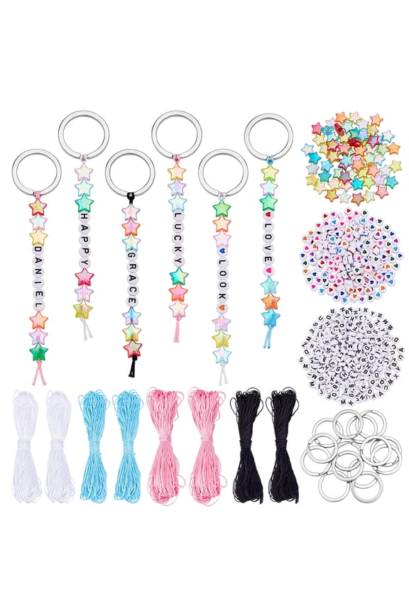 DIY Star Keychain Making Kits including 304 Stainless Steel Split Key Rings Nylon Thread Acrylic Beads Mixed Color 30x3mm 20pcs