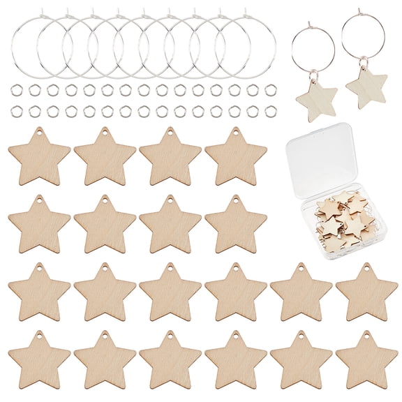 DIY Star Wine Glass Charm Tags Making Kit Including Brass 20Pcs Wine Glass Charm Rings & 30Pcs Jump Rings 20Pcs Wood Pendants White