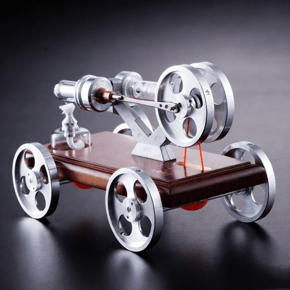 DIY Stirling Engine Car Model Kit, Heat Powered Hot Air Engine Vehicle with Solid Wood Base, Aluminum Alloy & Glass Mechanical Engine for Desktop Demonstration, Adult Engineering Display Collectible
