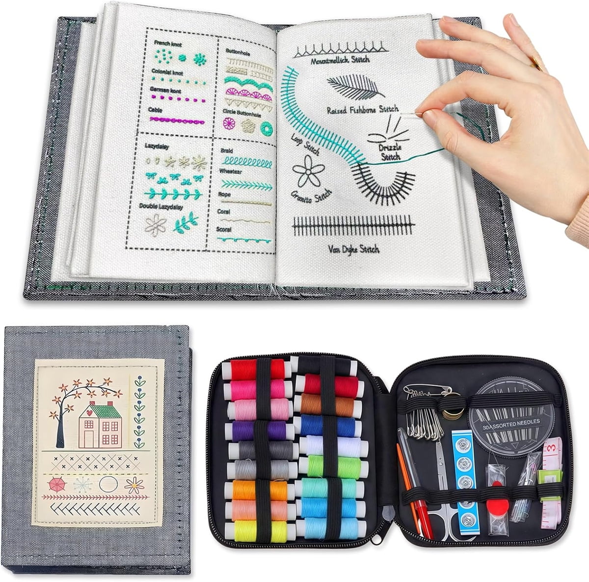 DIY Stitches Book Sets Yahome Sewing Kit and 106 Unique Stitches, Handmade Stitch Book Embroidery Set Embroidery Pattern for Beginners and Embroidery Enthusiast (106 Different Stitches)