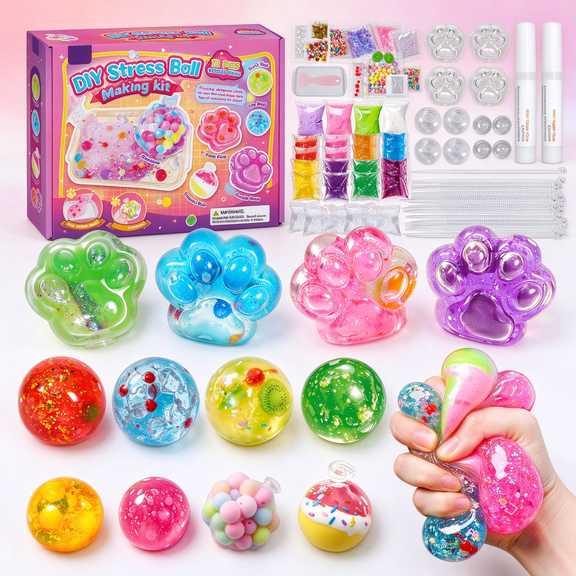 DIY Stress Ball Making Kit, Squishy Maker Set with Cat Paw Molds, Slime Packs, Clay, Glitter and Tools, Creative Sensory Craft for Kids and Adults