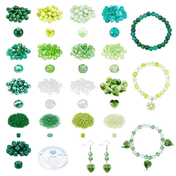 DIY Stretch Bracelet Making Kit Including Round Rondelle Column Glass Seed Beads Elastic Thread Green