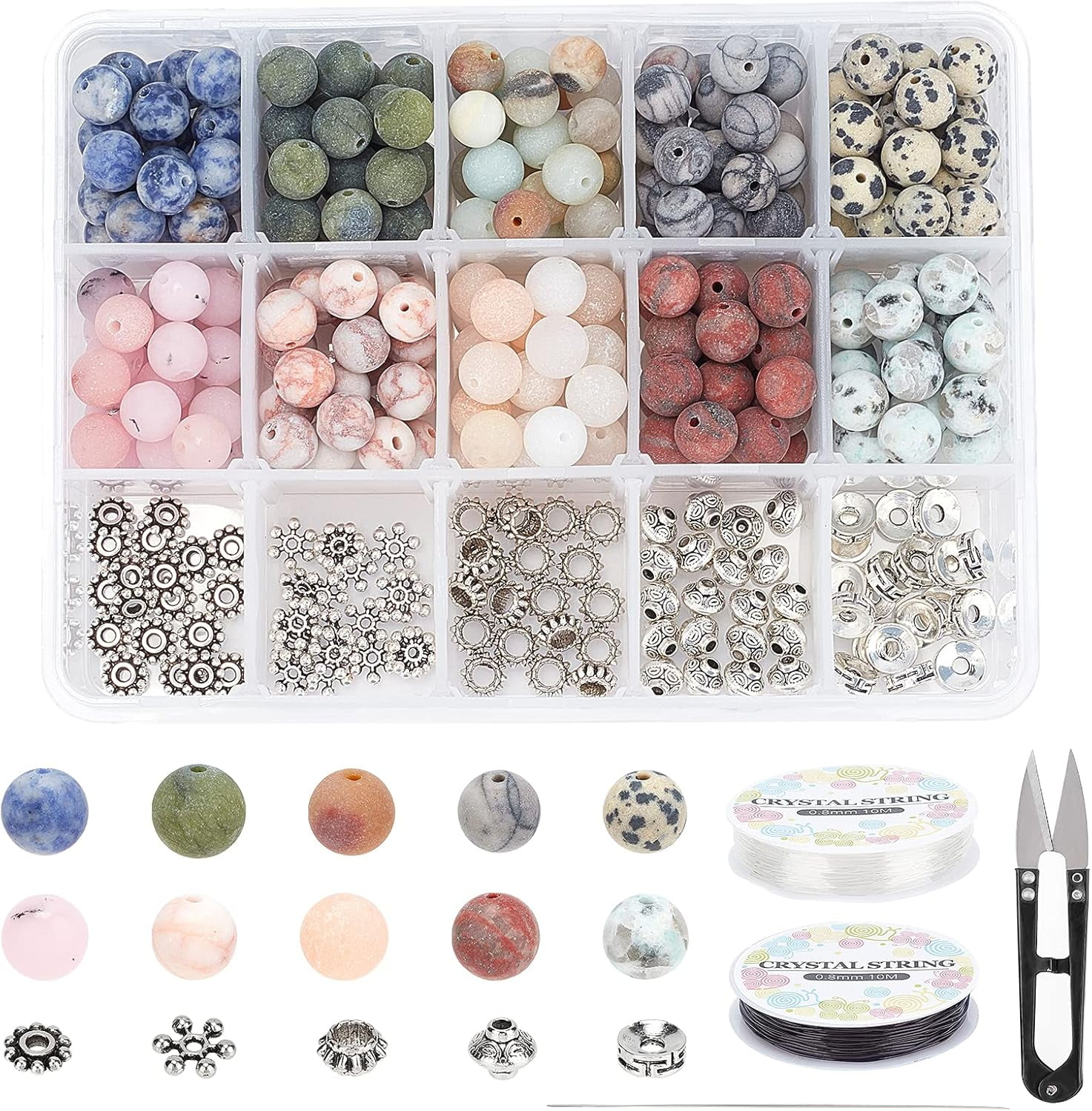 DIY Stretch Bracelets Making Kits Including Frosted Natural Gemstone Round Beads Alloy Spacer Beads Iron Beading Needles Gemstone Beads: 8~8.5mm Hole: 1mm 250pcs/set