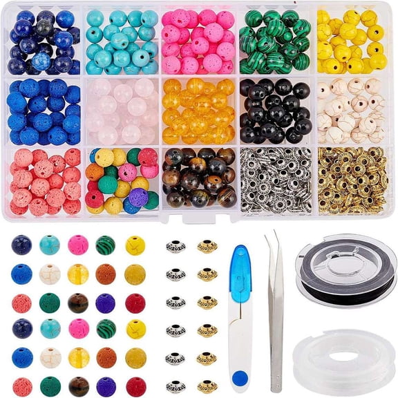 DIY Stretch Bracelets Making Kits include Gemstone Glass Beads Alloy Spacer Beads Flat Elastic String Iron Scissors and Tweezers Mixed Color