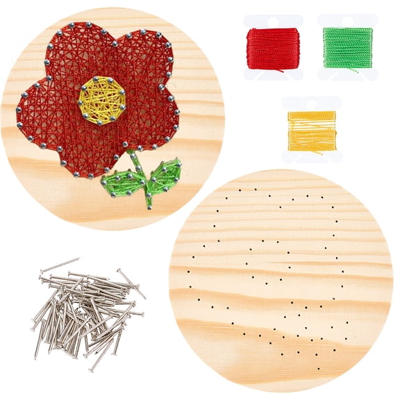 DIY String Arts Kit Set Including Wooden Board Plastic Holder Accessories Iron Nails & Screws Polyester Thread Flower 19x3mm 65pcs
