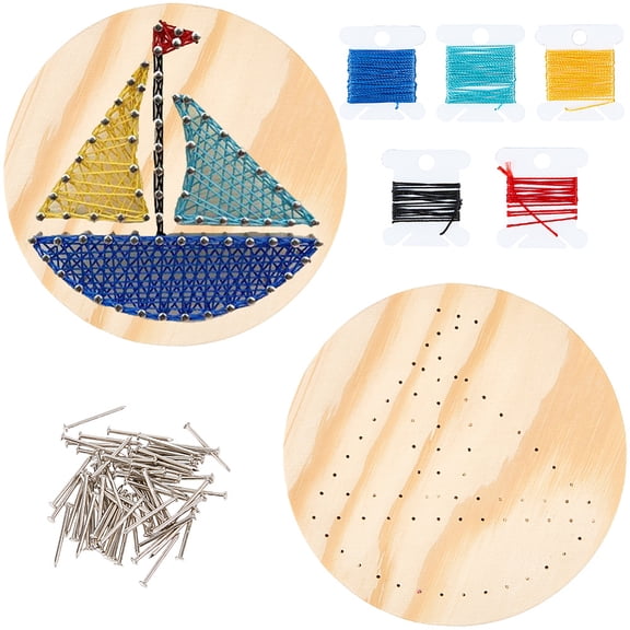 DIY String Arts Kit Set Including Wooden Board Plastic Holder Accessories Iron Nails & Screws Polyester Thread Sailboat 19x3mm 84pcs