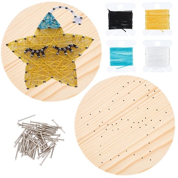 DIY String Arts Kit Set Including Wooden Board Plastic Holder Accessories Iron Nails & Screws Polyester Thread Star 19x3mm 64pcs