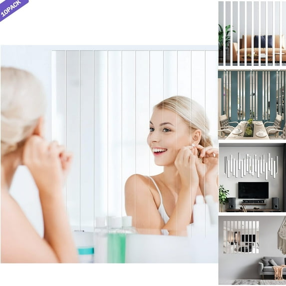 DIY Striped Mirror Stickers, Asunby 10-Pack Self-Adhesive Removable Acrylic Mirrors for Wall Decor, Silver, 2''x20''