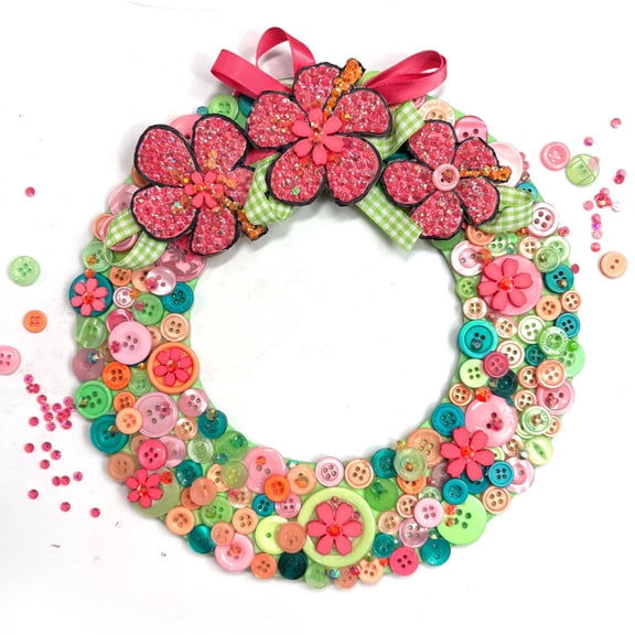 DIY Summer Hibiscus Button Wreath Kit 8" Craft Kit with Buttons, Gems, Ribbon & Base