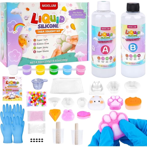 DIY Taba Squishy Kit with 6 Molds - 18OZ Bubble Free Liquid Silicone, Fast 2-3H Cure with Easy Guide, Ultimate Craft Gift for Beginners