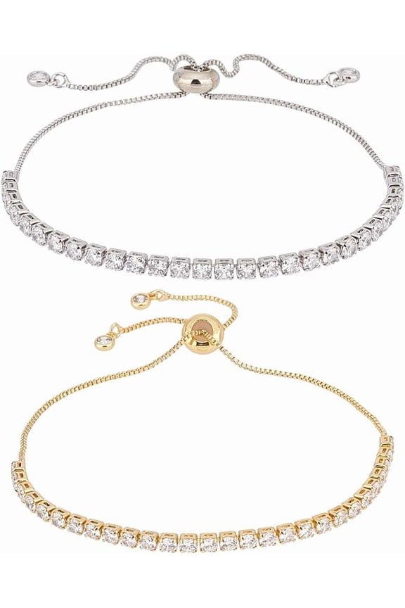 DIY Tennis Bracelet Adjustable Slide Tennis 2 Pcs Bracelet Tennis Bracelets for Women Gold Cubic Zirconia CZ Diamond Classic Adjustable Slider Bracelet Fashion Jewelry Wedding Gift DIY
