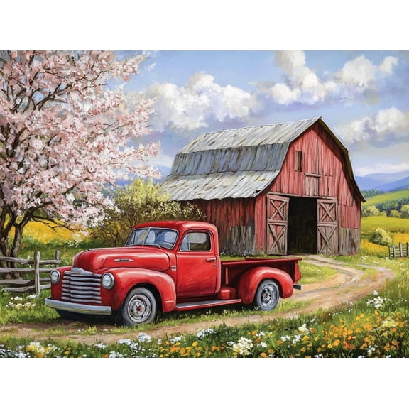 DIY The Red Truck and The Old Barn Diamond Painting 12x16 Inch, Full Round Drill Kits Mosaic Art for Adults Relax & Home Wall Decor Festival Gift 504