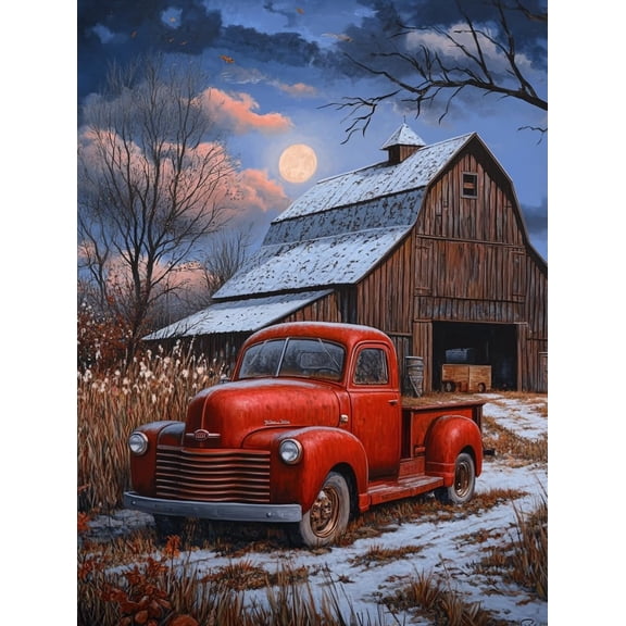 DIY The Red Truck and The Old Barn Diamond Painting 12x16 Inch, Full Round Drill Kits Mosaic Art for Adults Relax & Home Wall Decor Festival Gift 875