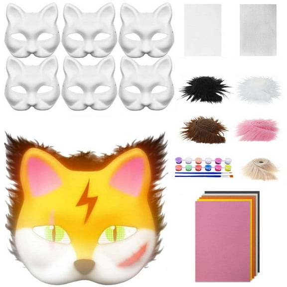 6PCS Paper Therian Cat Set - DIY Gear Including Blank Fabrics Brushes Mesh Sheets Glowing Paint for Halloween and Parties