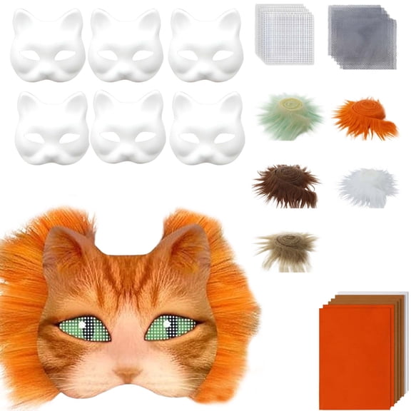 DIY Therian Mask Craft Kit - 6 Blank Cat Masks with Felt, Fur & Mesh for Creative Cosplay, Halloween, Jungle Party Costumes for & Adults