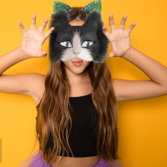 DIY Therian Mask Kit,Cat Masque DIY Set Paper Cat Masque with Eye Mesh Fur Unfinished Cat Masque for Kids Adults DIY Painting 6Pcs