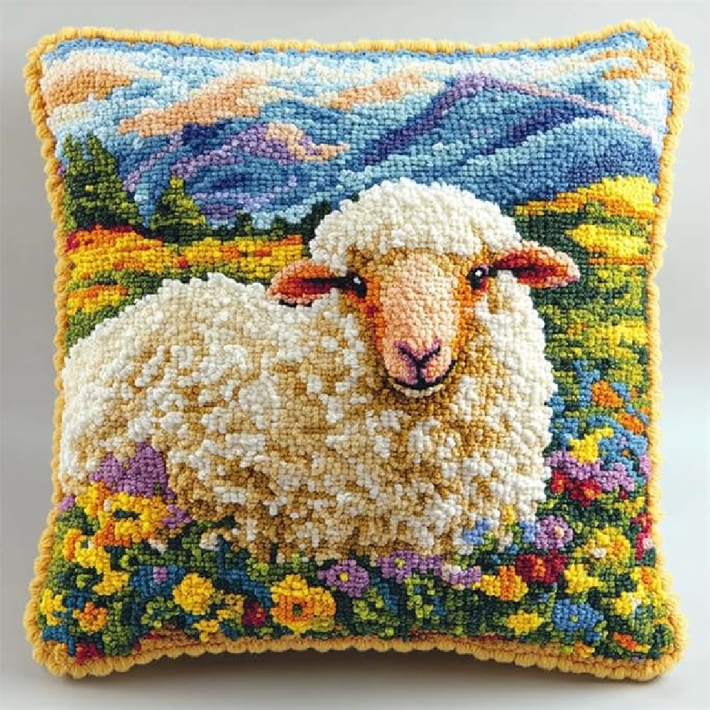 DIY Throw Pillow Cover, Hand Craft Crochet Cushion Cover Latch Hook Embroidery Kit 17X17inch - Animal Sheep