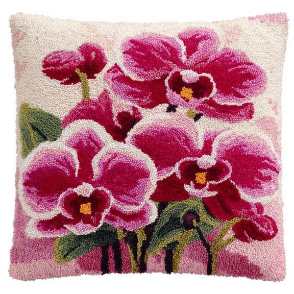 DIY Throw Pillow Cover, Orchid flowers Hand Craft Crochet Cushion Cover Latch Hook Embroidery Kit 17X17inch
