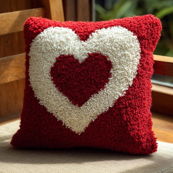 DIY Throw Pillow Cover, heart shape Hand Craft Crochet Cushion Cover Latch Hook Embroidery Kit 17X17inch