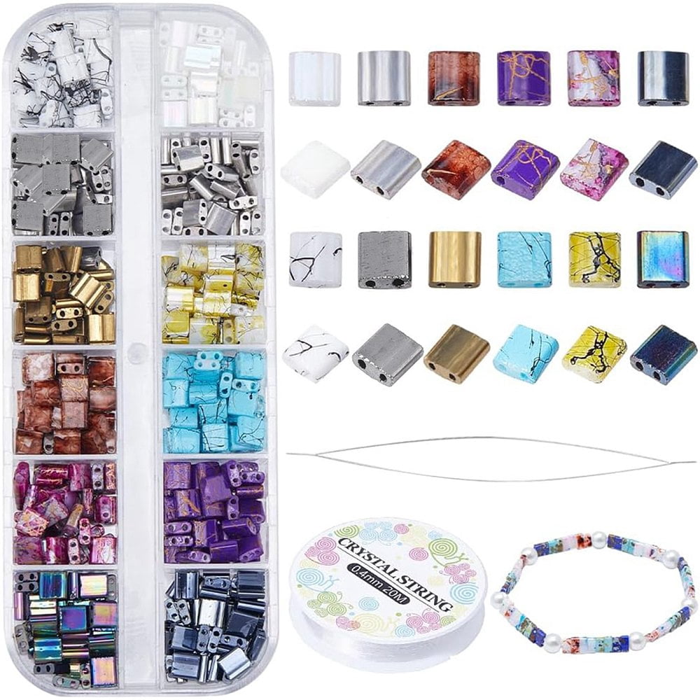 DIY Tile Bracelet Making Kit Including 2-Hole Rectangle Glass Beads Big Eye Beading Needles Elastic Thread Mixed Color Beads: 5x4.5~5.5x2~2.5mm