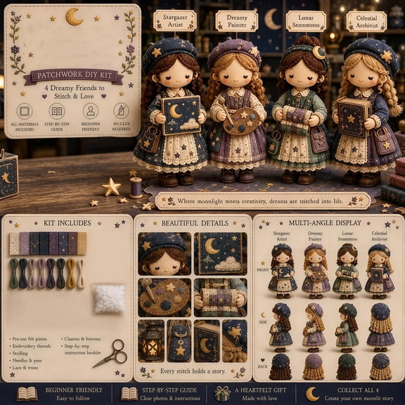 DIY Tiny Worlds Collection Patchwork Kit,Pre-Cut Felt Doll Art Sewing Kits, 4PCS DIY Craft Kit with Full Materials,Handmade Project for Adults Beginners,Creative Home Decor & Holiday Gift Ornaments